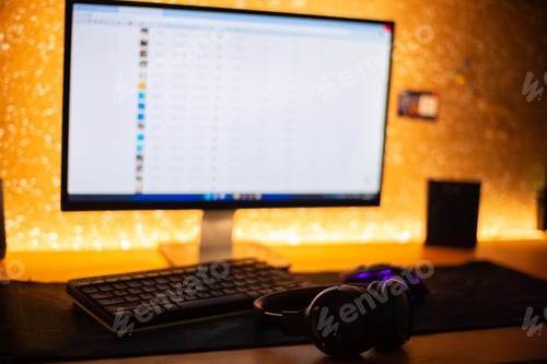 Preview: Wireless headphones near the computer in a dark room