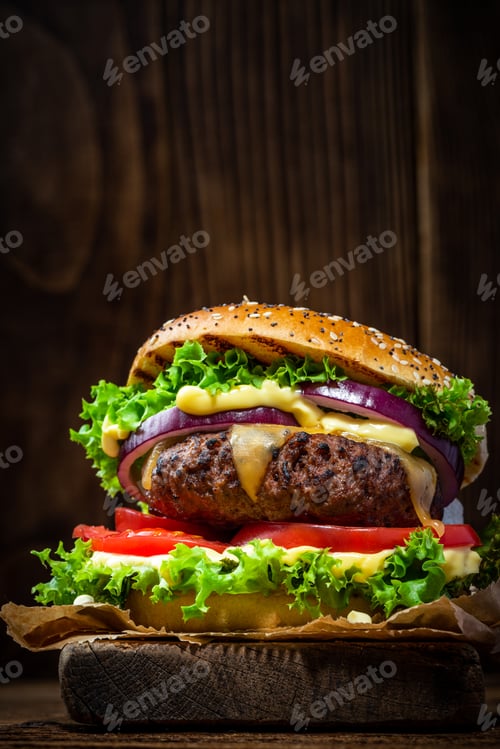 Preview: Cheese Burger with Meat on Wooden Copy Space Background