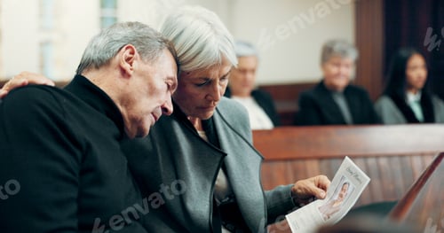 Preview: Couple, funeral or sad old man crying in church for God, healing or comfort in Christian community.