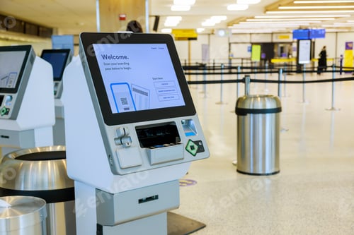 Preview: Self service machine desk kiosk at airport for check in printing boarding pass and buying ticket