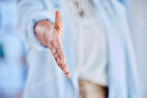 Preview: Welcome, hands and handshake closeup by hr woman in office for interview, business meeting or recru