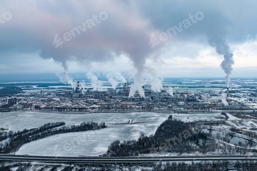 Preview: winter aerial panoramic view on smoke of pipes of chemical enterprise plant. I