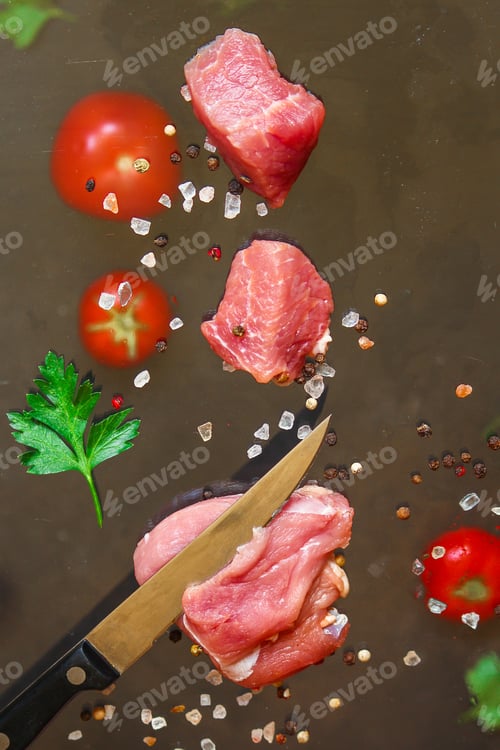 Preview: Raw Meat Pork, Knife, Spices (Juicy Piece, Cooking) Menu Concept. Food Background. Copy Space. Top