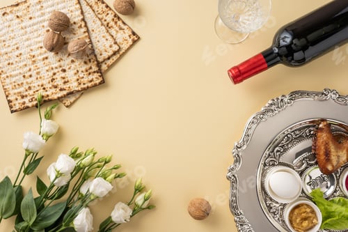 Preview: Passover essentials including matzo, wine, a traditional Seder plate