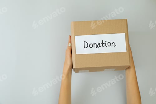 Preview: Female hands hold donation box on light gray background