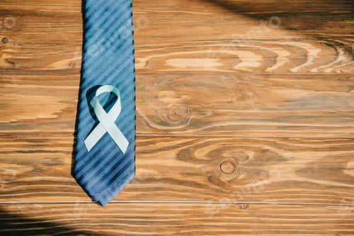 Preview: tie and blue awareness ribbon on wooden surface