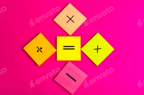 Preview: front view different signs on colorful stickers on purple background math color science calculation