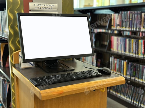 Preview: Library computer with blank white monitor screen