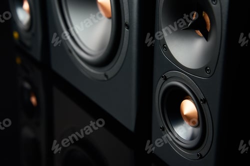 Preview: Two sound speakers and subwoofer on dark background