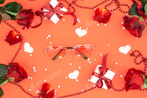 Preview: Valentine's Day background with decor details, flat lay.