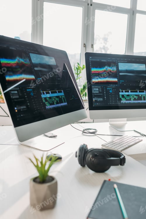 Preview: selective focus of computer monitors near headphones and plant on table