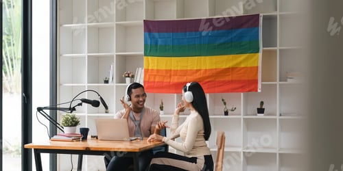 Preview: Podcaster is interviewing a guest about the content topic of LGBTQIA. Podcast concept