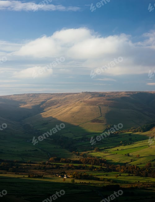 Preview: High angle view of farmland on rolling hills, Mam Tor, Peak District, Derbyshire, England, UK