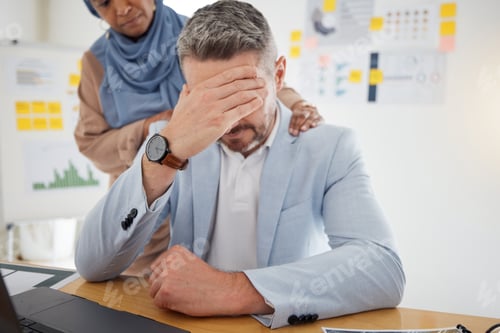 Preview: Depression, stress and a business man with empathy, support and help in office. Burnout, fired and