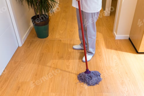 Preview: Unrecognizable woman mopping floor of a hallway of an apartment