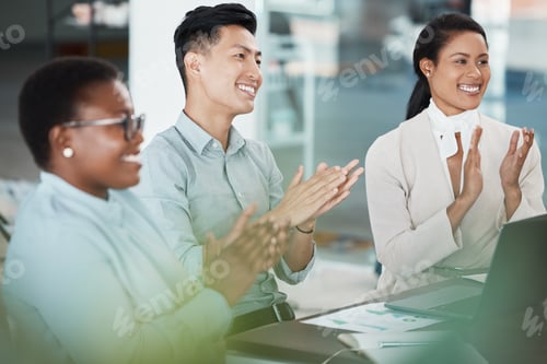 Preview: Business people, clapping or success in office presentation, workshop training or company education