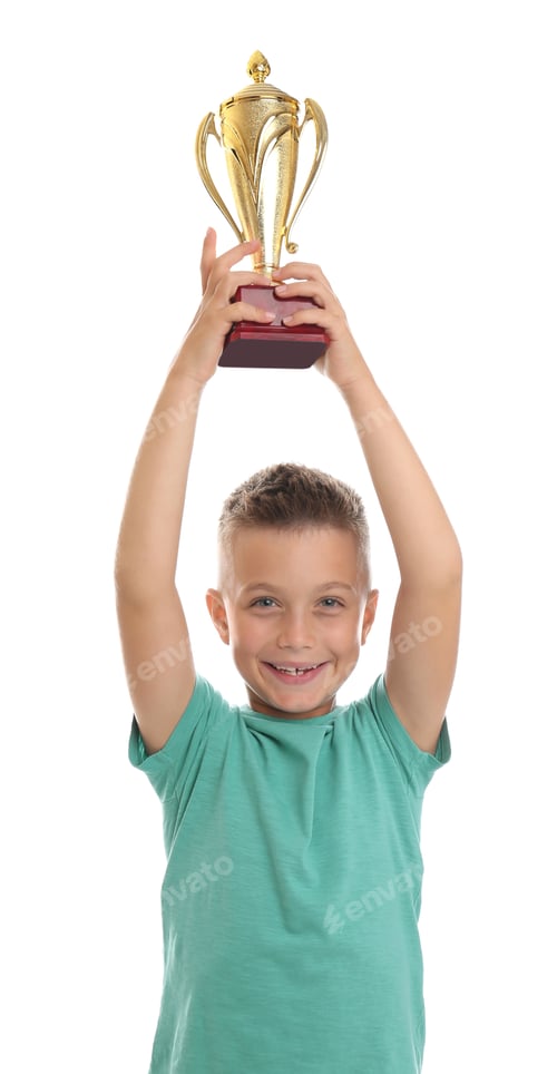 Preview: Happy boy with golden winning cup isolated on white