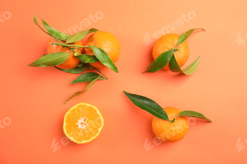 Preview: Flat lay composition with ripe tangerines on color background