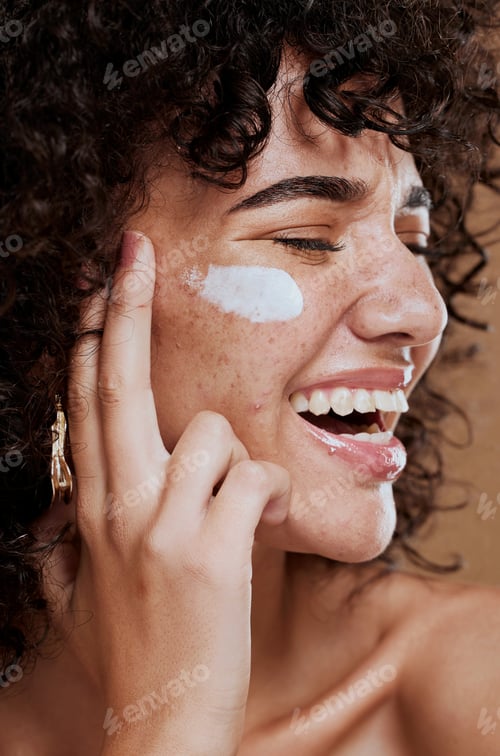 Preview: Happy woman, face cream and beauty, makeup product and sunscreen facial treatment for aesthetic shi