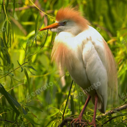 Preview: Cattle Egret with Orange Plumage in Foliage
