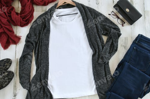 Preview: White long sleeve t-shirt tee mock up flat lay blue jeans gray sweater scarf winter fall fashion