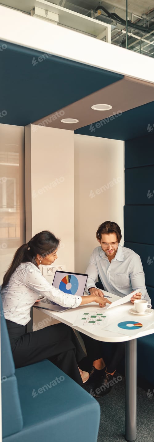 Preview: Financial analyst consult client to increase business profitability sitting in cozy coworking