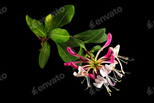 Preview: Flowers of honeysuckle, lat. Lonicera periclymenum Serotina, isolated on black background