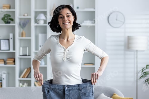 Preview: Portrait of a young smiling woman standing at home and showing the result of dieting and losing