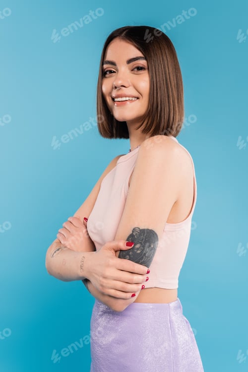 Preview: folded hands, cheerful young woman with short hair