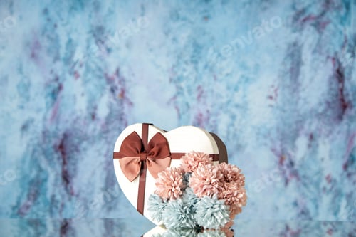 Preview: front view valentines day present with flowers on light blue background colors love passion couple