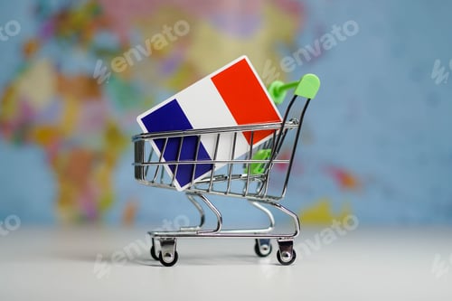 Preview: France national flag in miniature shopping trolley cart. Shopping online or shipping, duty concept.