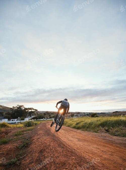 Preview: Sports, cycling and man on mountain bike in nature for training, workout and exercise in countrysid