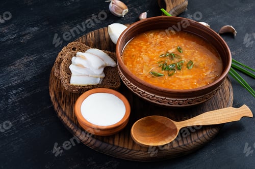Preview: Cabbage soup in bowl with green onion, bread and salo on dark background