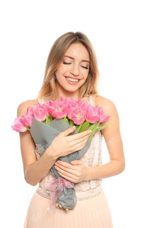 Preview: Woman Holding Pink Tulips Smiling on White Background