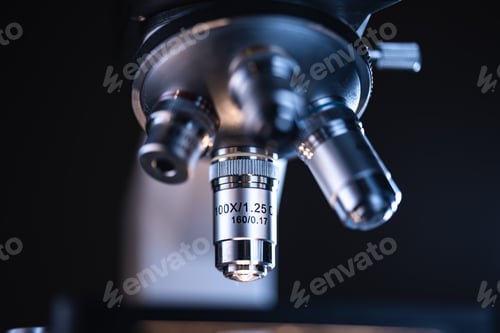 Preview: Scientific microscope lens working with data analysis in the medical laboratory, medicine equipment