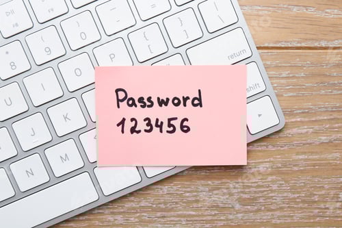 Preview: Paper note with password and computer keyboard on wooden table, top view