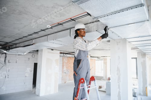 Preview: Construction worker installing ventilation system in building under construction