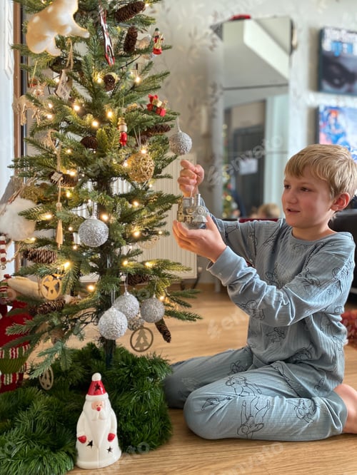 Preview: Young Boy Decorating Christmas Tree in his Home