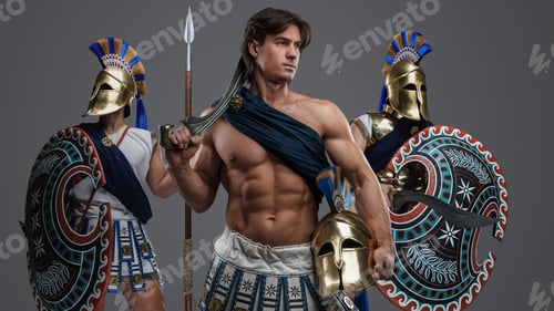 Preview: Muscular greek spearman with naked torso and two comrades