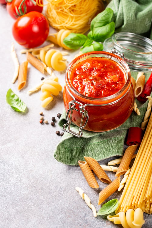 Preview: Glass jar with homemade classic spicy tomato pasta or pizza sauce.