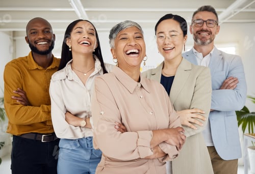Preview: Business people, laughing and arms crossed portrait in a office with diversity and senior woman ceo