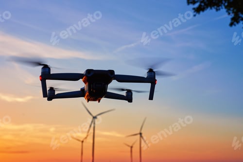 Preview: Drone Flying at Sunset with Wind Turbines in Background