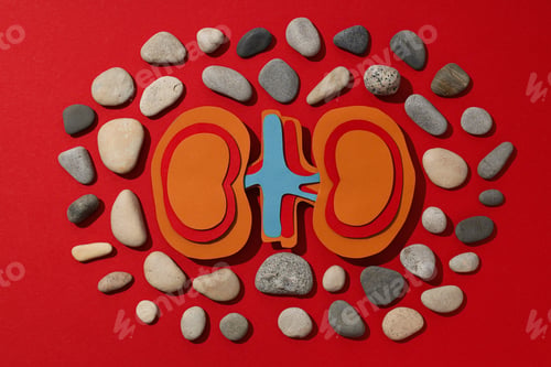 Preview: Kidneys made of paper, with stones, on a red background.