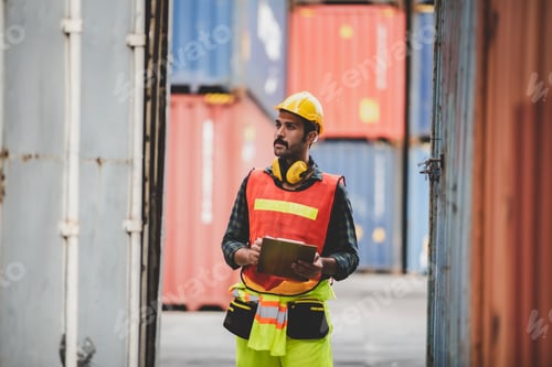Preview: foreman or engineer work in container shipping industry warehouse, logistic transport delivery