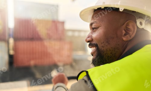 Preview: Black man, smile and work in logistics with container stack at port. Man, happy and helmet show hap