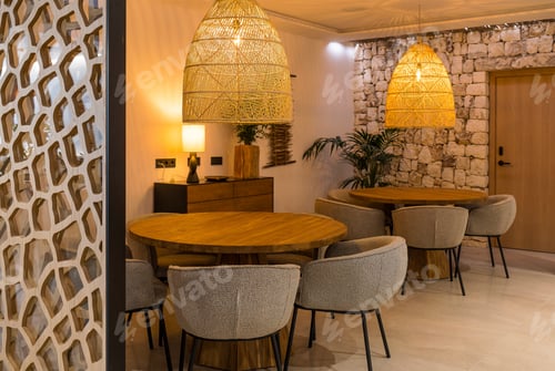 Preview: Hallway of a rustic hotel with round tables and warm light. Tourism concept