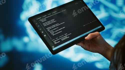 Preview: Close up of IT professional using tablet, building AI algorithms