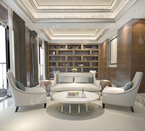 Preview: 3d rendering wood classic living room with marble tile and bookshelf