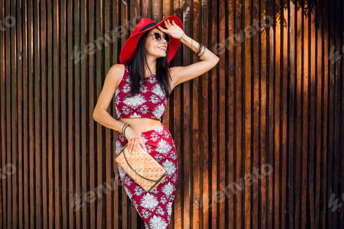 Preview: stylish beautiful woman in printed outfit, summer style fashion