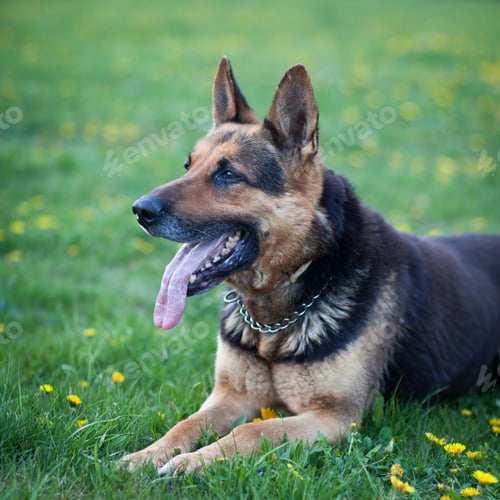 Preview: Clever German Shepherd dog lying in the spring grass, waiting fo